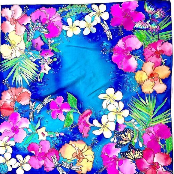 Artist hand painted silk scarf tropical flowers...